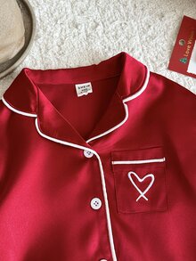 SHEIN 女嬰編織領單口袋愛心圖案休閒睡衣上衣與長褲2件套 - 紅色 - 查看 3