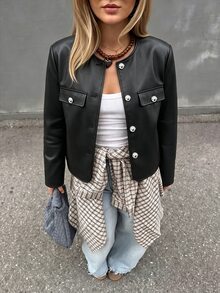 SHEIN Clasi جاكيت نسائي مقاس كبير بلون موحد من جلد البولي يوريثان، أحادي الصدر، كاجوال متعدد الاستخدامات للاستخدام اليومي - الأسود - مشاهدة 7