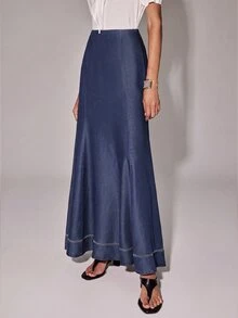 Anewsta Essential Autumn Work Outfits Elegant French Style Contrast Hemline High Waist A-Line Navy Blue Skirt For Women, Suitable For Commute, Daily, Date - Navy Blue - View 8