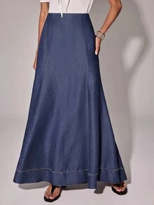 Anewsta Essential Autumn Work Outfits Elegant French Style Contrast Hemline High Waist A-Line Navy Blue Skirt For Women, Suitable For Commute, Daily, Date - Navy Blue - View 6