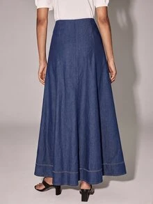 Anewsta Essential Autumn Work Outfits Elegant French Style Contrast Hemline High Waist A-Line Navy Blue Skirt For Women, Suitable For Commute, Daily, Date - Navy Blue - View 2