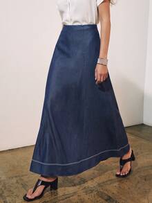 Anewsta Essential Autumn Work Outfits Elegant French Style Contrast Hemline High Waist A-Line Navy Blue Skirt For Women, Suitable For Commute, Daily, Date - Navy Blue - View 9