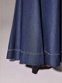Anewsta Essential Autumn Work Outfits Elegant French Style Contrast Hemline High Waist A-Line Navy Blue Skirt For Women, Suitable For Commute, Daily, Date - Navy Blue - View 5