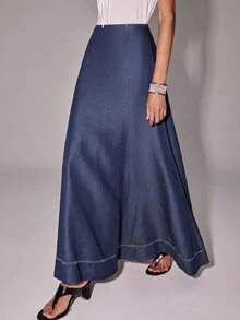 Anewsta Essential Autumn Work Outfits Elegant French Style Contrast Hemline High Waist A-Line Navy Blue Skirt For Women, Suitable For Commute, Daily, Date - Navy Blue - View 1