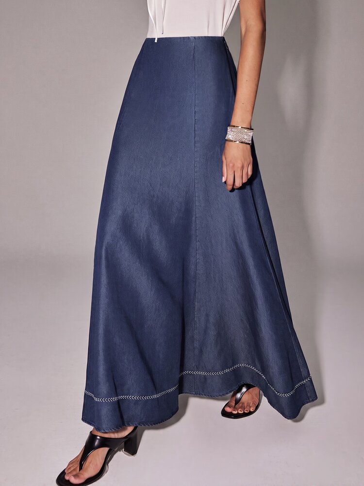 Anewsta Essential Busana Kerja Musim Gugur Elegan Gaya Prancis dengan Hemline Kontras, Rok A-Line Pinggang Tinggi Warna Biru Tua untuk Wanita, Cocok untuk Perjalanan, Sehari-hari, dan Kencan - Navy Blue - View 1