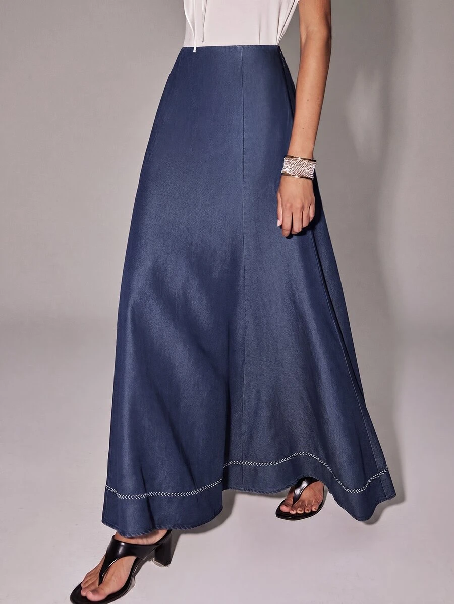 Anewsta Essential Autumn Work Outfits Elegant French Style Contrast Hemline High Waist A-Line Navy Blue Skirt For Women, Suitable For Commute, Daily, Date - Navy Blue - View 1