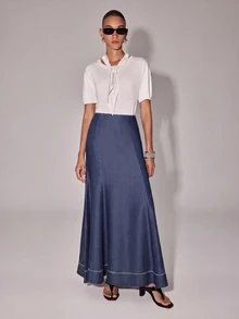 Anewsta Essential Autumn Work Outfits Elegant French Style Contrast Hemline High Waist A-Line Navy Blue Skirt For Women, Suitable For Commute, Daily, Date - Navy Blue - View 4