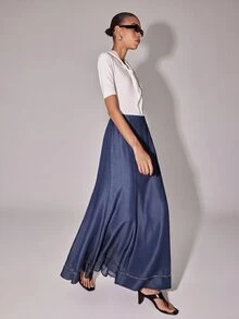 Anewsta Essential Autumn Work Outfits Elegant French Style Contrast Hemline High Waist A-Line Navy Blue Skirt For Women, Suitable For Commute, Daily, Date - Navy Blue - View 7