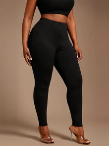 Radiana Plus Solid Elastic Waist Leggings - Black - View 3