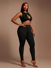 Radiana Plus Solid Elastic Waist Leggings - Black - View 4