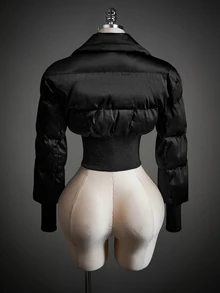SHEIN ICON 女款素色長袖前拉鍊休閒短款冬季夾克 - 黑色 - 查看 2