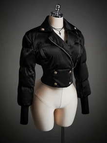 SHEIN ICON 女款素色長袖前拉鍊休閒短款冬季夾克 - 黑色 - 查看 10