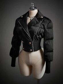 SHEIN ICON 女款素色長袖前拉鍊休閒短款冬季夾克 - 黑色 - 查看 5