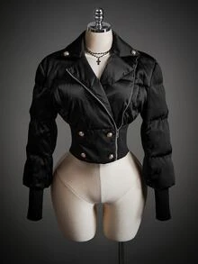 SHEIN ICON 女款素色長袖前拉鍊休閒短款冬季夾克 - 黑色 - 查看 11