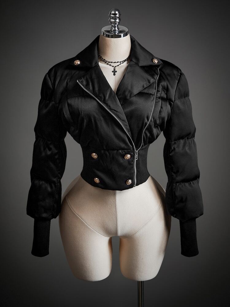 SHEIN ICON 女款素色長袖前拉鍊休閒短款冬季夾克 - 黑色 - 查看 11