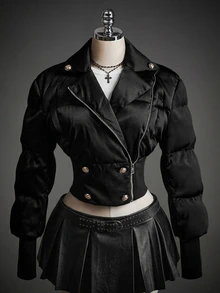 SHEIN ICON 女款素色長袖前拉鍊休閒短款冬季夾克 - 黑色 - 查看 12
