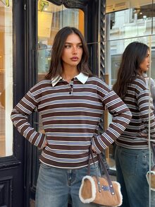Aloruh Back To School Season Minimalist Commute Casual Preppy Polo Collar Contrast Color Loose Oversized Women's Long Sleeve Sweatshirt Brown Striped Autumn - Multicolor - View 7