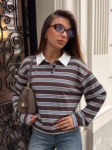 Aloruh Back To School Season Minimalist Commute Casual Preppy Polo Collar Contrast Color Loose Oversized Women's Long Sleeve Sweatshirt Brown Striped Autumn - Multicolor - View 1