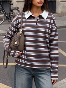 Aloruh Back To School Season Minimalist Commute Casual Preppy Polo Collar Contrast Color Loose Oversized Women's Long Sleeve Sweatshirt Brown Striped Autumn - Multicolor - View 8