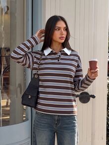 Aloruh Back To School Season Minimalist Commute Casual Preppy Polo Collar Contrast Color Loose Oversized Women's Long Sleeve Sweatshirt Brown Striped Autumn - Multicolor - View 6