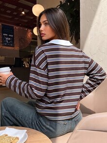 Aloruh Back To School Season Minimalist Commute Casual Preppy Polo Collar Contrast Color Loose Oversized Women's Long Sleeve Sweatshirt Brown Striped Autumn - Multicolor - View 3