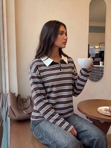 Aloruh Back To School Season Minimalist Commute Casual Preppy Polo Collar Contrast Color Loose Oversized Women's Long Sleeve Sweatshirt Brown Striped Autumn - Multicolor - View 2