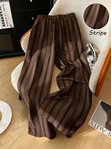EMERY ROSE Plus Size Women Brown Vertical Striped Wide Leg Pants, Elastic Drawstring Waist Crinkled Textured Casual Vacation Loose Draped Slimming Daily Trousers - Multicolor - View 1