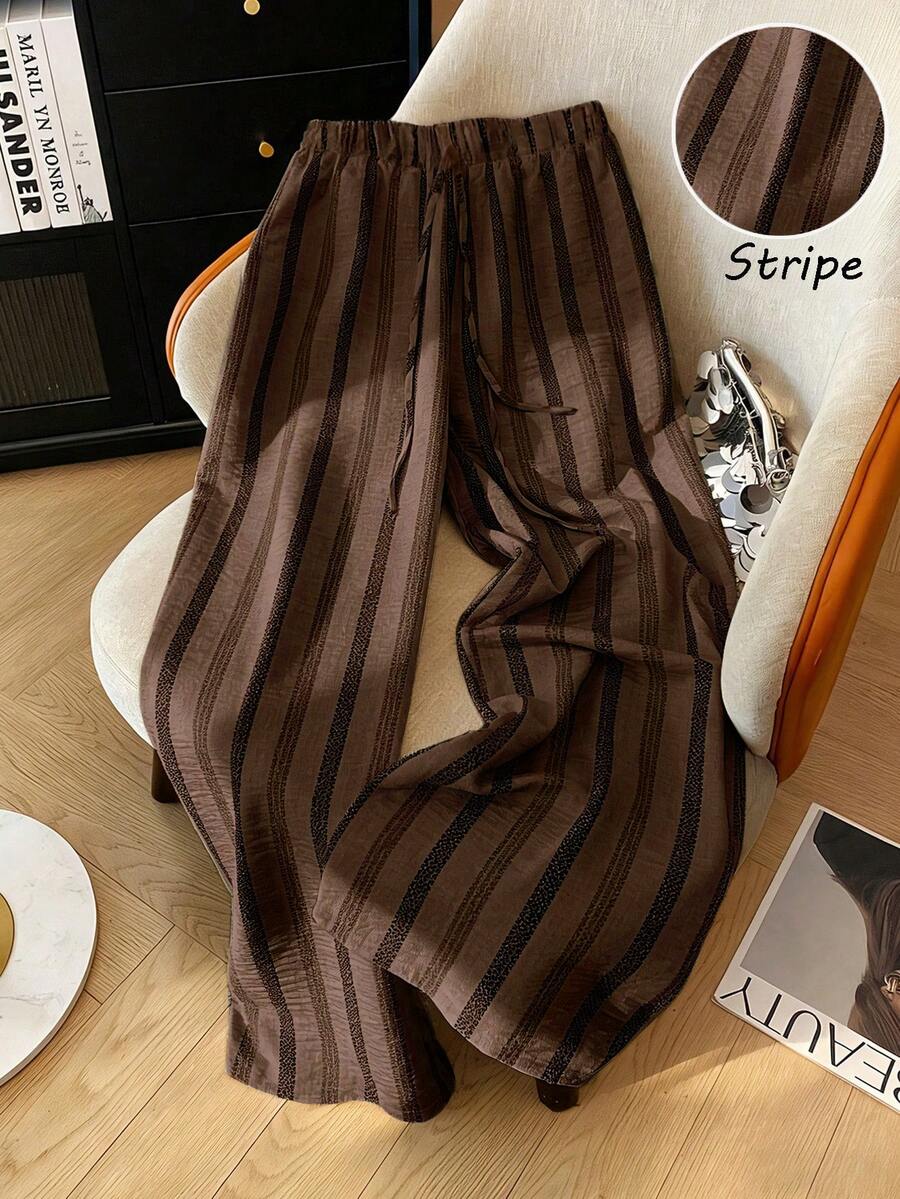 EMERY ROSE Plus Size Women Brown Vertical Striped Wide Leg Pants, Elastic Drawstring Waist Crinkled Textured Casual Vacation Loose Draped Slimming Daily Trousers - Multicolor - View 1