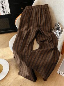 EMERY ROSE Plus Size Women Brown Vertical Striped Wide Leg Pants, Elastic Drawstring Waist Crinkled Textured Casual Vacation Loose Draped Slimming Daily Trousers - Multicolor - View 2