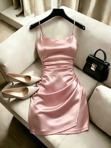 Franclia 女款優雅性感派對細肩帶修身緊身短洋裝：女款優雅洋裝、派對洋裝、晚禮服、休閒洋裝、女款性感洋裝、女款度假沙灘洋裝、夏季穿搭、純色洋裝、棕色洋裝、短洋裝、細肩帶洋裝、宴會洋裝、伴娘洋裝、優雅派對洋裝、女款度假穿搭、婚禮奢華晚禮服 - 粉色 - 查看 6