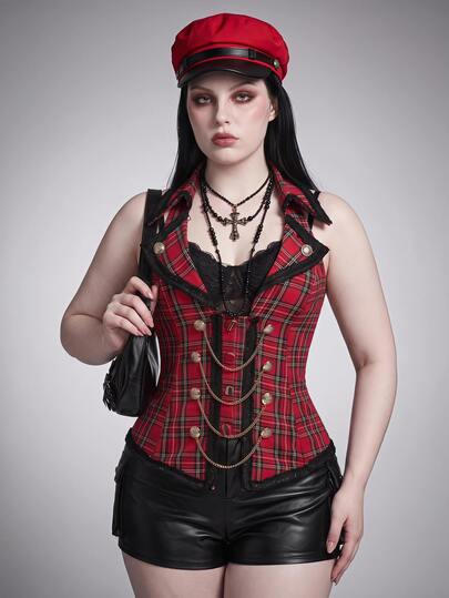 SHEIN ICON Plus-Size Women's Retro Sexy Fashion Street Style Scottish Red And Green Plaid Punk Halloween Outfit Double-Breasted Chain Slim-Fit Suit Vest