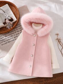 Baby Girl Autumn/Winter Sleeveless Hooded Overcoat - Pink - View 7