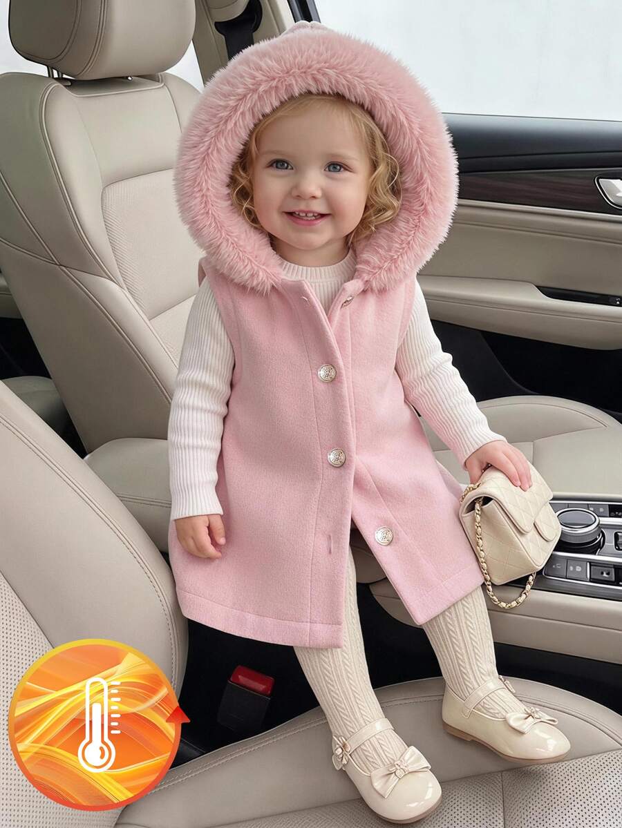 Baby Girl Autumn/Winter Sleeveless Hooded Overcoat - Pink - View 1