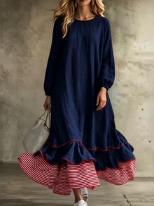 Trelyra Women's Vacation Striped Patchwork Ruffle Hem Long Sleeve Dress Travel Blue And White Stripe Autumn Casual Boho 70s Vacation Picnic - Blue - View 4