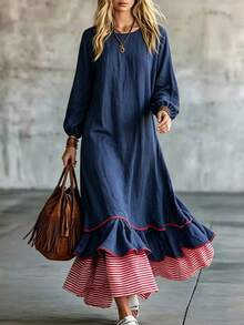 Trelyra Women's Vacation Striped Patchwork Ruffle Hem Long Sleeve Dress Travel Blue And White Stripe Autumn Casual Boho 70s Vacation Picnic - Blue - View 7