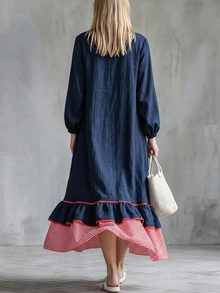 Trelyra Women's Vacation Striped Patchwork Ruffle Hem Long Sleeve Dress Travel Blue And White Stripe Autumn Casual Boho 70s Vacation Picnic - Blue - View 3