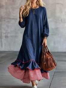 Trelyra Women's Vacation Striped Patchwork Ruffle Hem Long Sleeve Dress Travel Blue And White Stripe Autumn Casual Boho 70s Vacation Picnic - Blue - View 6