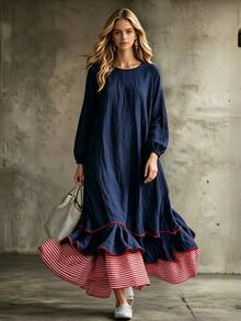 Trelyra Women's Vacation Striped Patchwork Ruffle Hem Long Sleeve Dress Travel Blue And White Stripe Autumn Casual Boho 70s Vacation Picnic - Blue - View 2