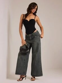 SHEIN Tall كاميسول نسائي بلون موحد بتصميم مشكل أنيق - الأسود - مشاهدة 3