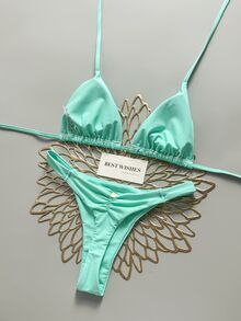 SHEIN Swim 春夏海灘度假三角杯掛脖式兩件式泳衣 - 水鴨藍 - 查看 2