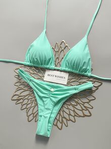 SHEIN Swim 春夏海灘度假三角杯掛脖式兩件式泳衣 - 水鴨藍 - 查看 3