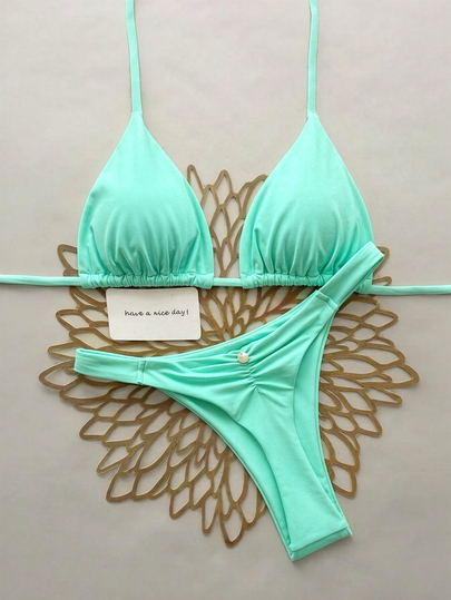 SHEIN Swim Traje de baño de dos piezas con copa triangular y cuello halter para vacaciones en la playa primavera/verano