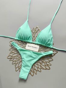 SHEIN Swim 春夏海灘度假三角杯掛脖式兩件式泳衣 - 水鴨藍 - 查看 4