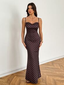SHEIN Tall Elegant Sexy Cowl Neck Slim Fit Polka Dot Spaghetti Strap Dress - Brown - View 4