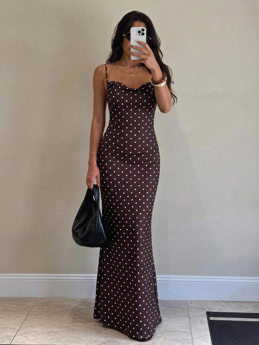 SHEIN Tall Elegant Sexy Cowl Neck Slim Fit Polka Dot Spaghetti Strap Dress - Brown - View 1