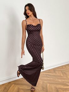 SHEIN Tall Elegant Sexy Cowl Neck Slim Fit Polka Dot Spaghetti Strap Dress - Brown - View 3