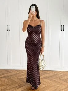 SHEIN Tall Elegant Sexy Cowl Neck Slim Fit Polka Dot Spaghetti Strap Dress - Brown - View 6