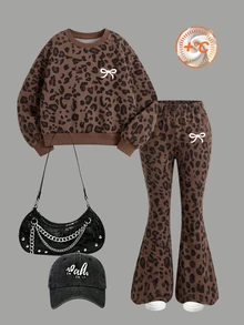 Set Sweatshirt Fashion Anak Perempuan Usia 4-7 Tahun Motif Macan Tutul & Pita Cetak Digital Kerah Bulat, Dipadukan dengan Celana Flare Motif Macan Tutul, Cocok untuk Dipakai di Dalam dan Luar Ruangan pada Musim Gugur dan Musim Dingin - MultiWarna - View 5