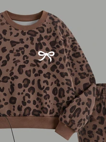 Set Sweatshirt Fashion Anak Perempuan Usia 4-7 Tahun Motif Macan Tutul & Pita Cetak Digital Kerah Bulat, Dipadukan dengan Celana Flare Motif Macan Tutul, Cocok untuk Dipakai di Dalam dan Luar Ruangan pada Musim Gugur dan Musim Dingin - MultiWarna - View 6