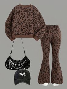 Set Sweatshirt Fashion Anak Perempuan Usia 4-7 Tahun Motif Macan Tutul & Pita Cetak Digital Kerah Bulat, Dipadukan dengan Celana Flare Motif Macan Tutul, Cocok untuk Dipakai di Dalam dan Luar Ruangan pada Musim Gugur dan Musim Dingin - MultiWarna - View 2
